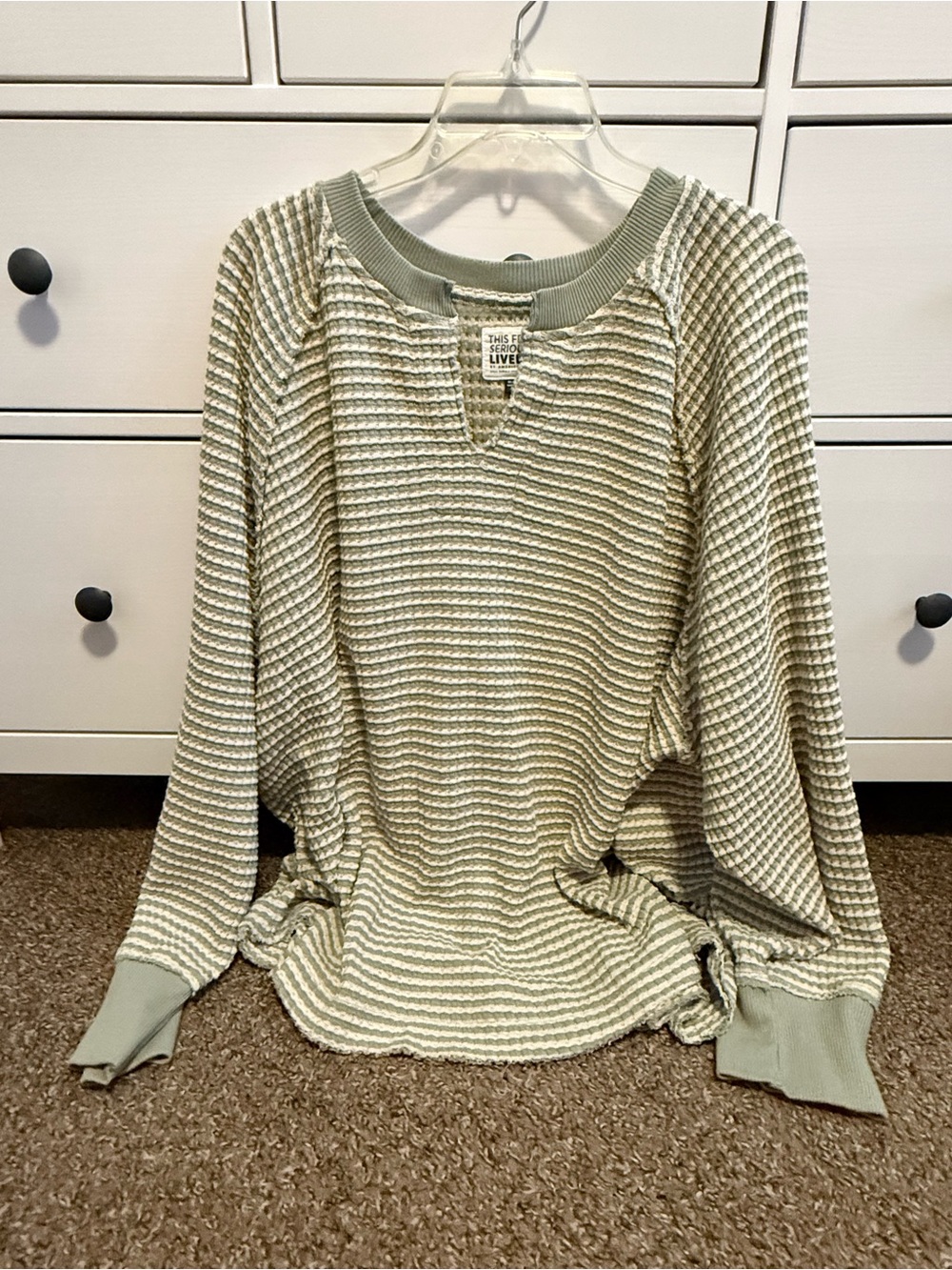 AE Waffle Knit Pullover Sweater in Sage and Cream